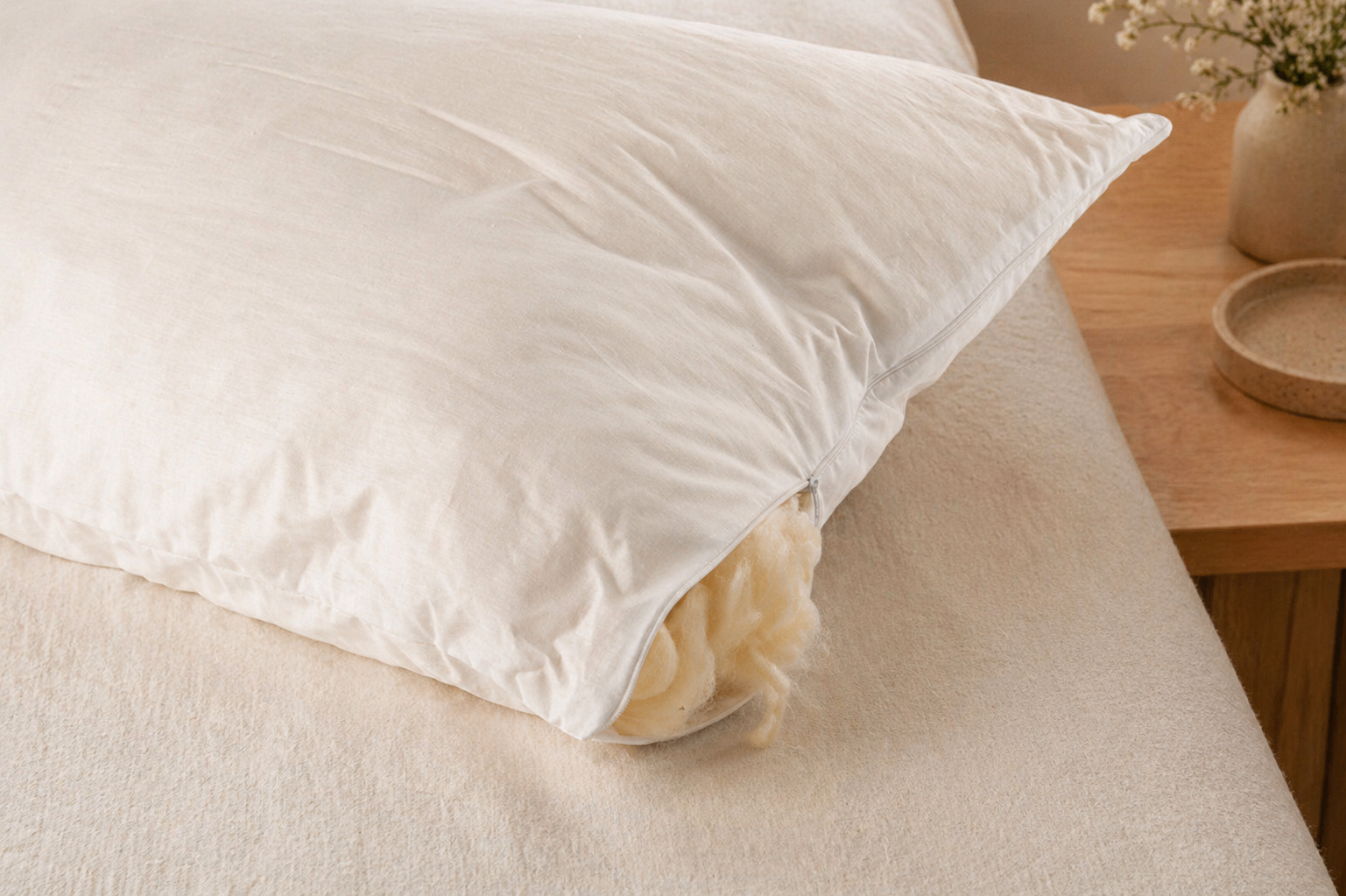 Organic Wool Pillow – Adjustable Height, Hypoallergenic & Breathable Natural Sleep