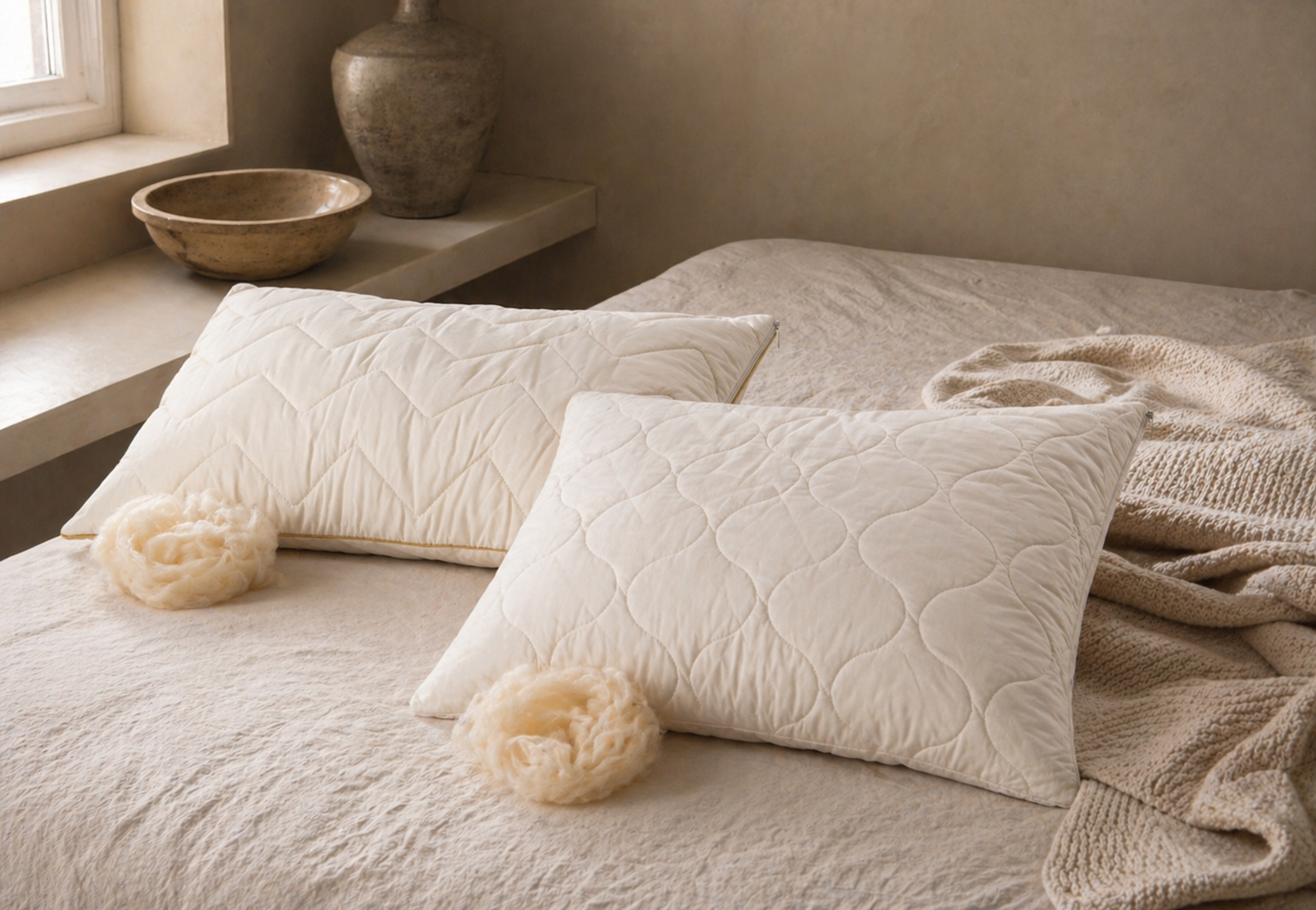 Organic Merino Wool Pillow – Cotton Sateen, Adjustable & Temperature-Regulating