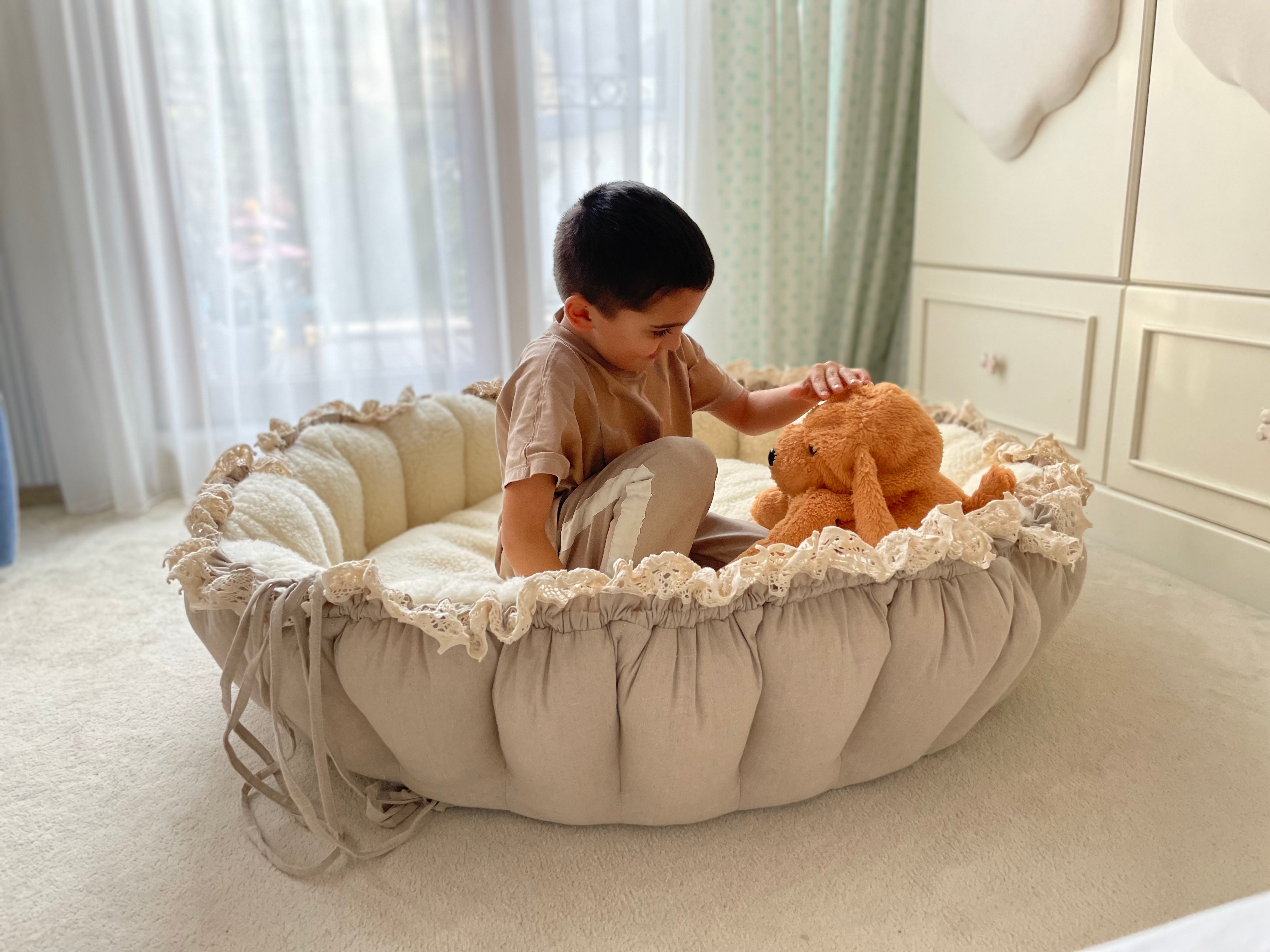 Luxury Handmade Baby Cocoon – 3-in-1 Baby Nest, Linen & Wool, Designer Baby Lounger