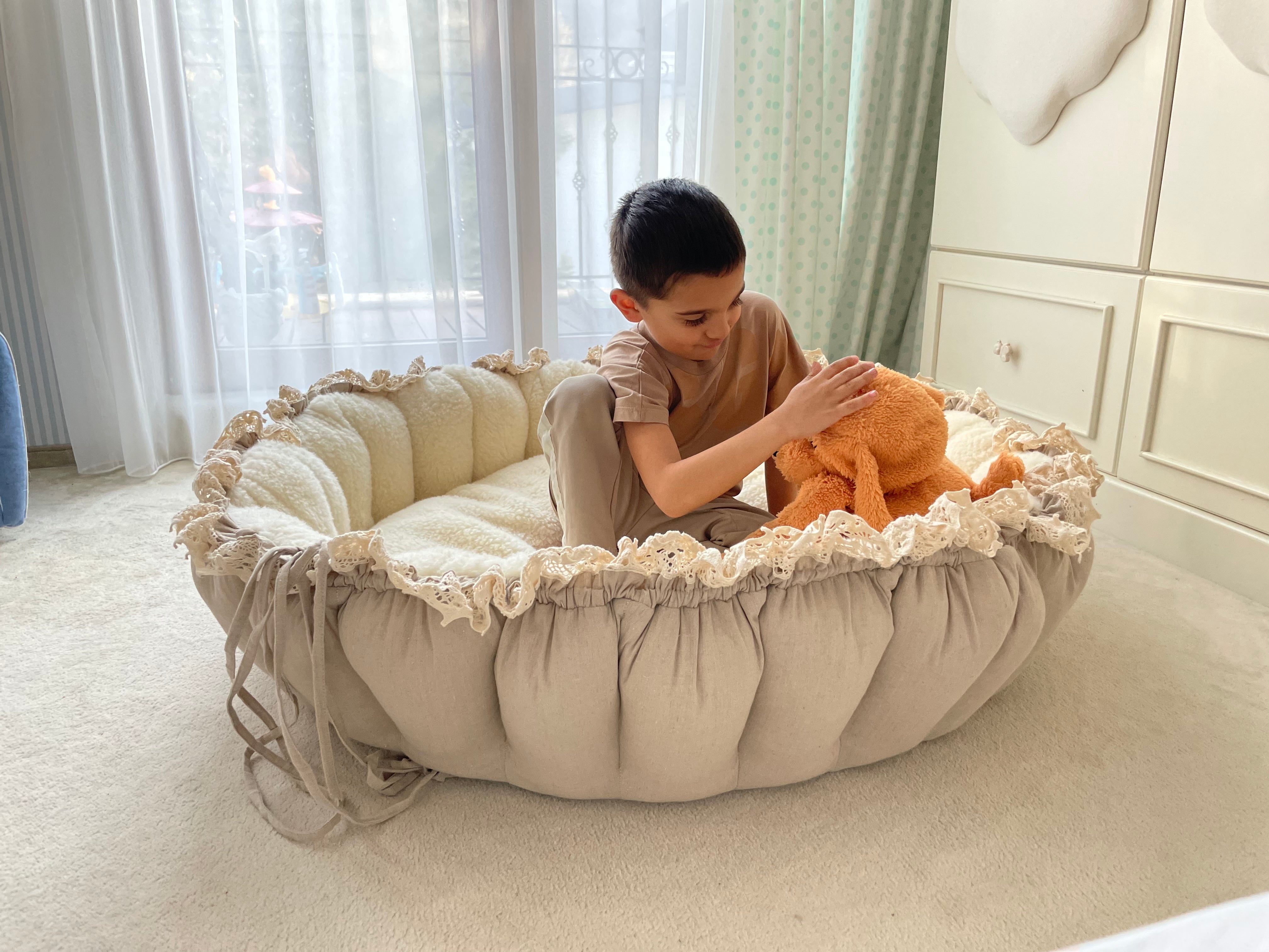 Luxury Handmade Baby Cocoon – 3-in-1 Baby Nest, Linen & Wool, Designer Baby Lounger