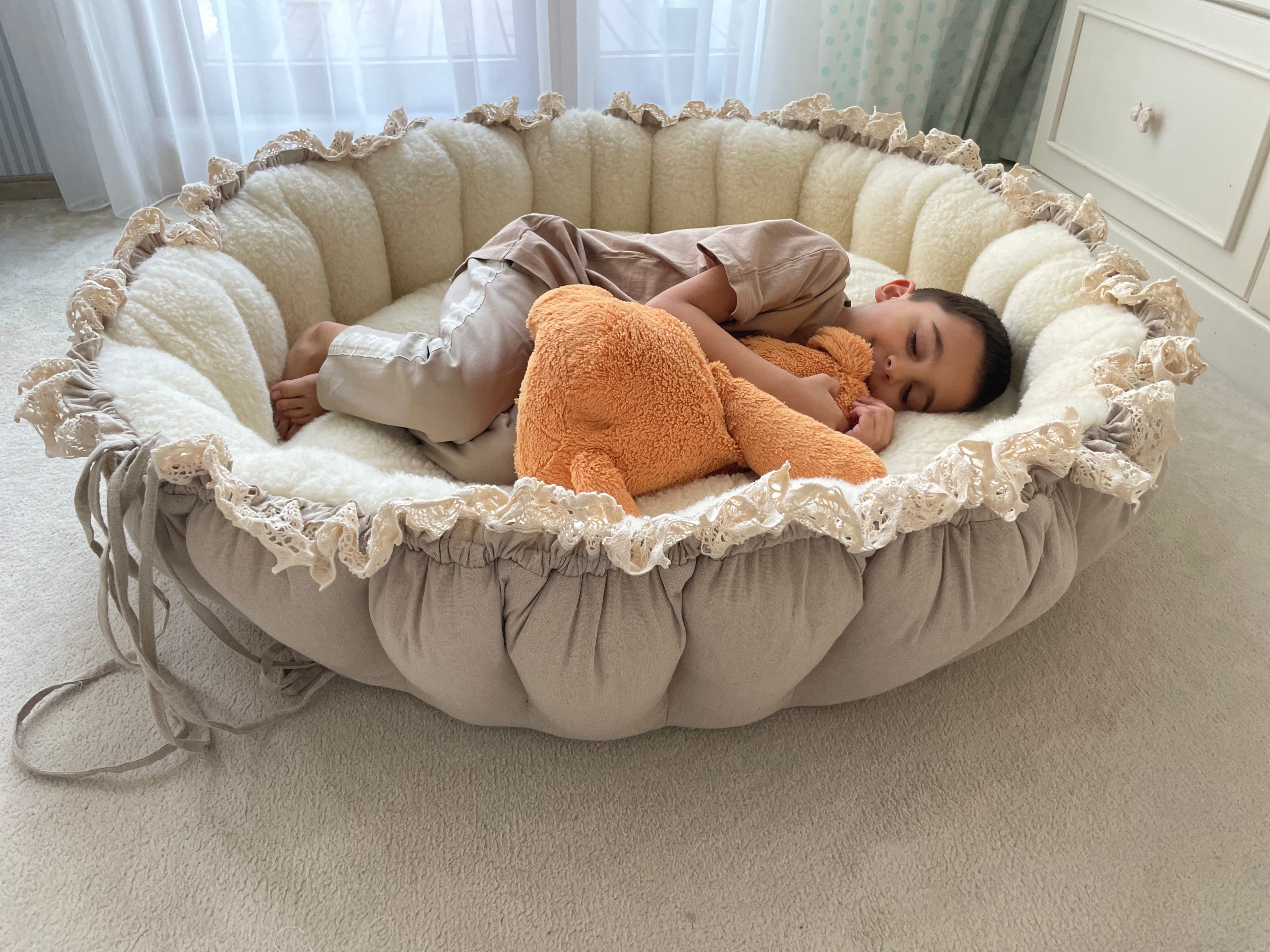 Luxury Handmade Baby Cocoon – 3-in-1 Baby Nest, Linen & Wool, Designer Baby Lounger