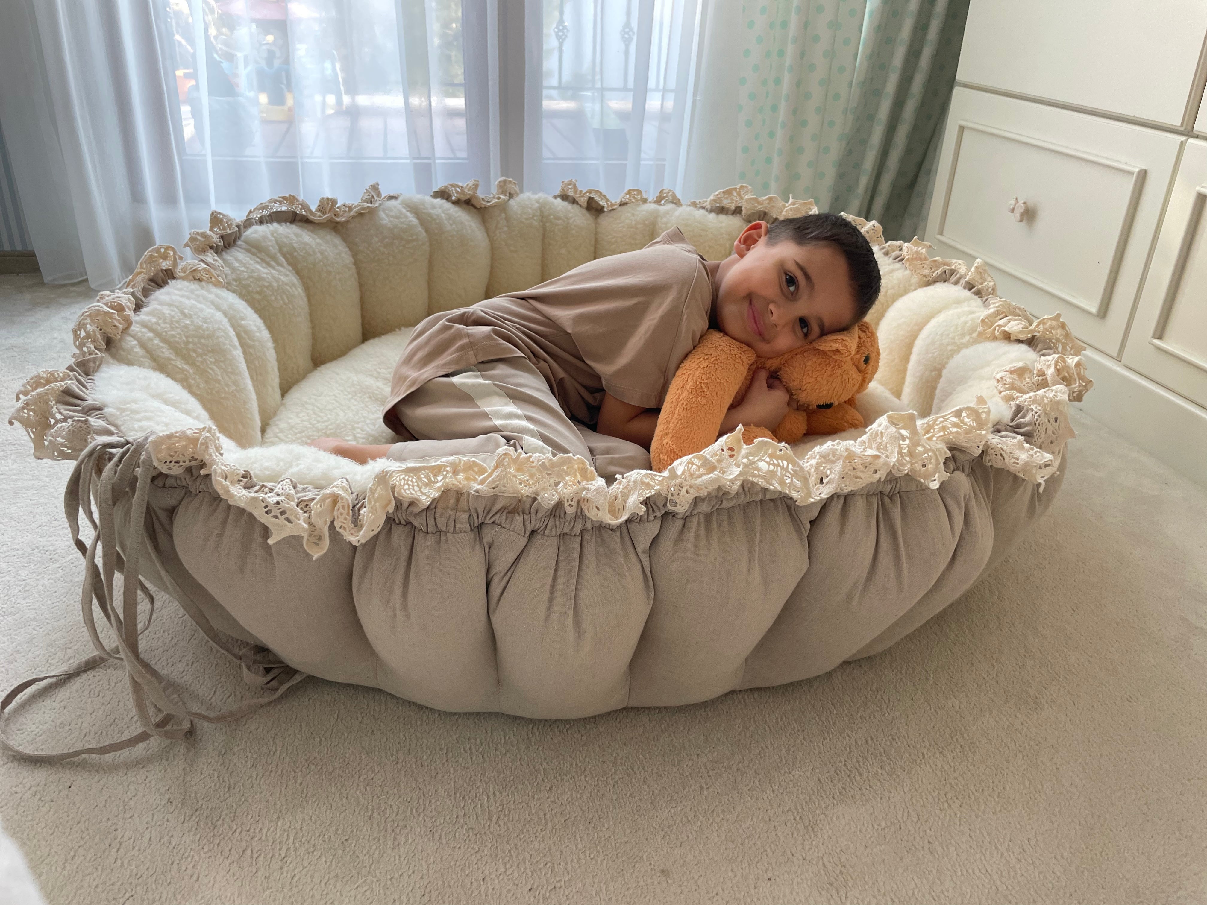 Luxury Handmade Baby Cocoon – 3-in-1 Baby Nest, Linen & Wool, Designer Baby Lounger