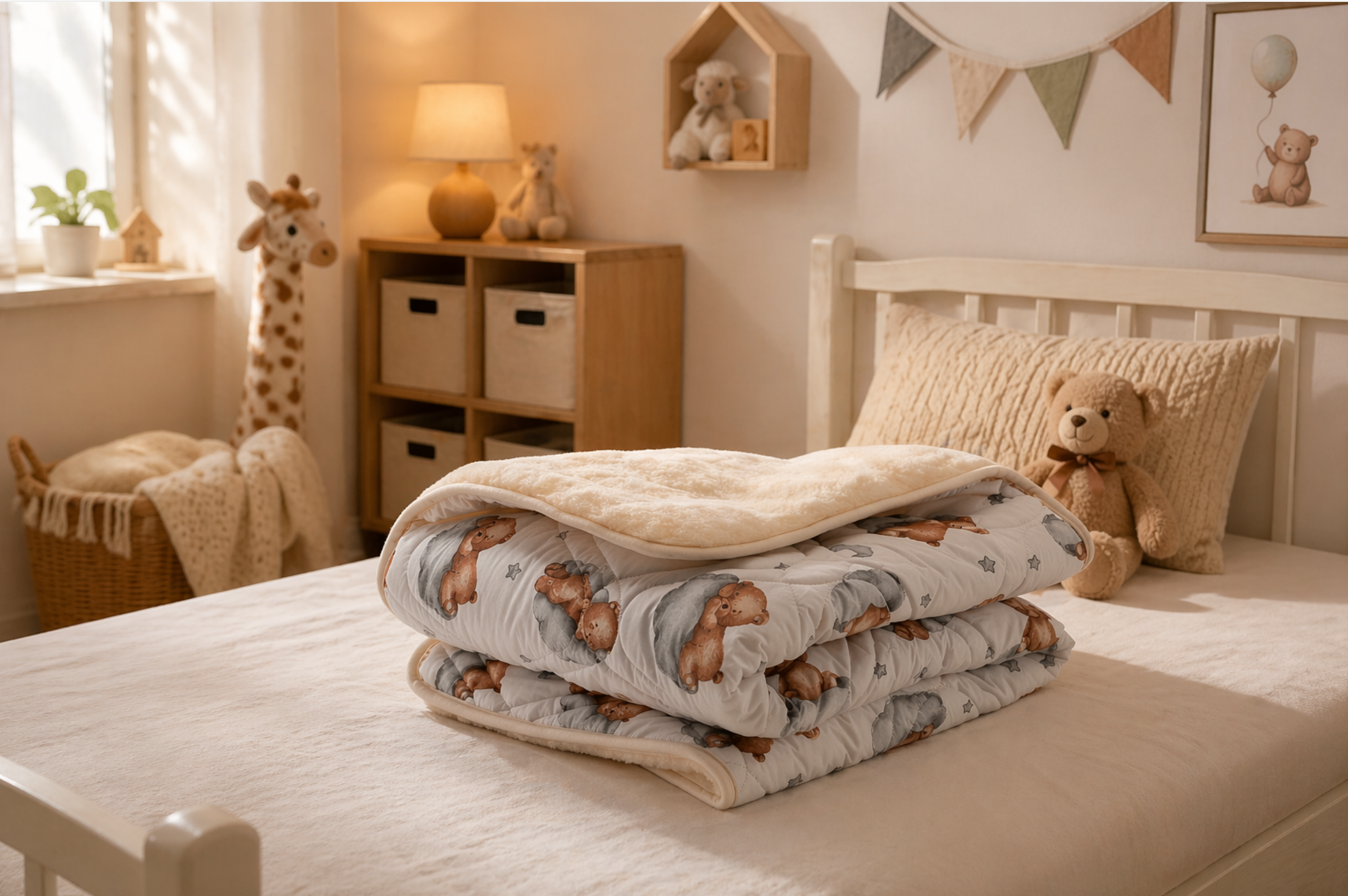 Merino Wool & Cotton Baby Blanket – Teddy Bear Design, Reversible, Soft & All-Season