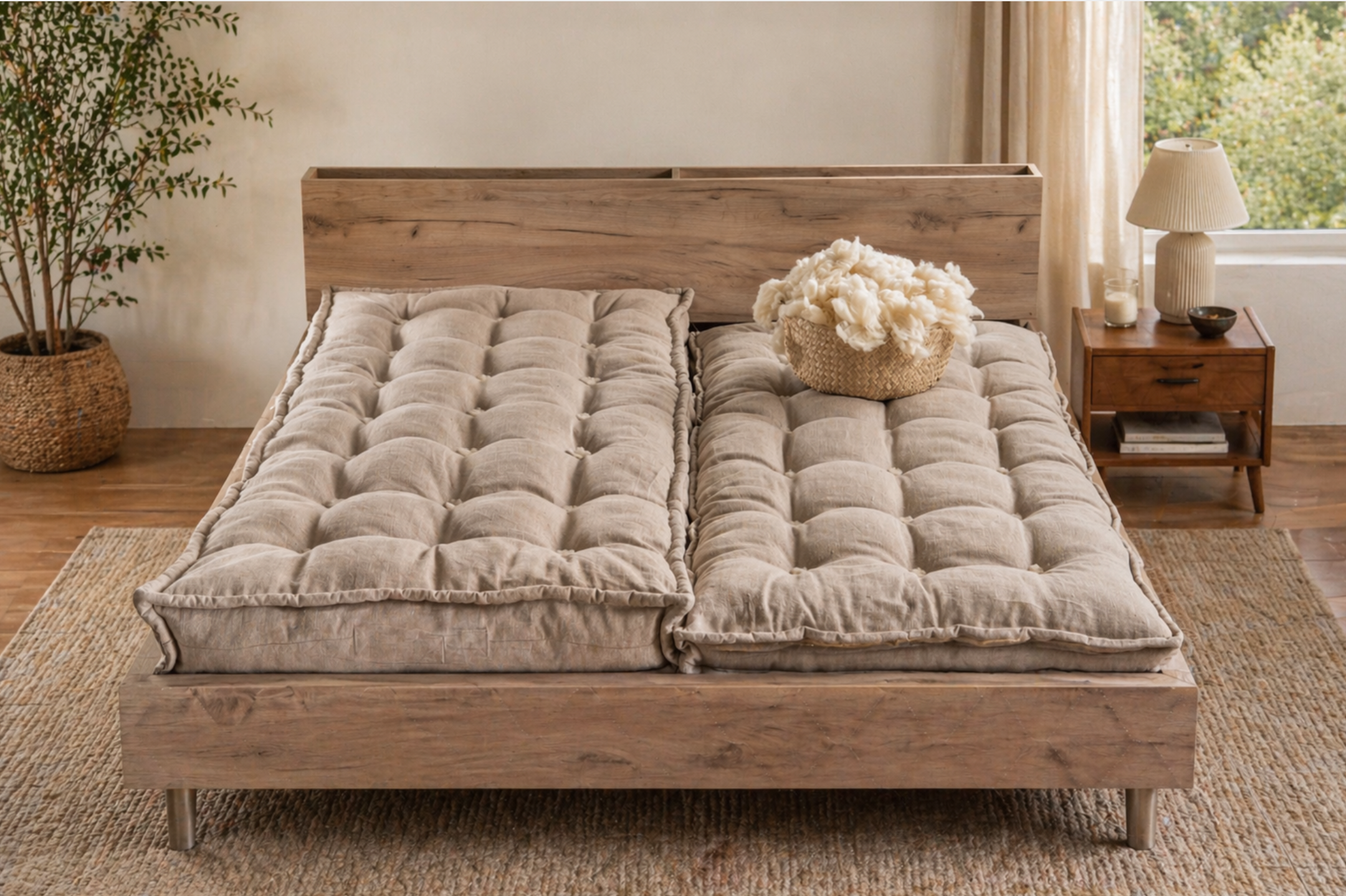 Handmade Wool Mattress with Organic Linen Cover – Natural Floor Bed, Non-Toxic, Hypoallergenic